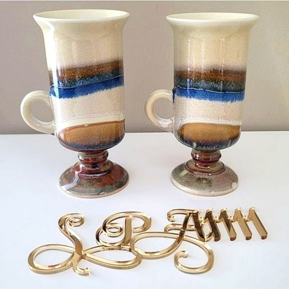 Vintage Otagiri Irish Coffee Mugs Pedestal Blue Beige Set of 2 1049 B